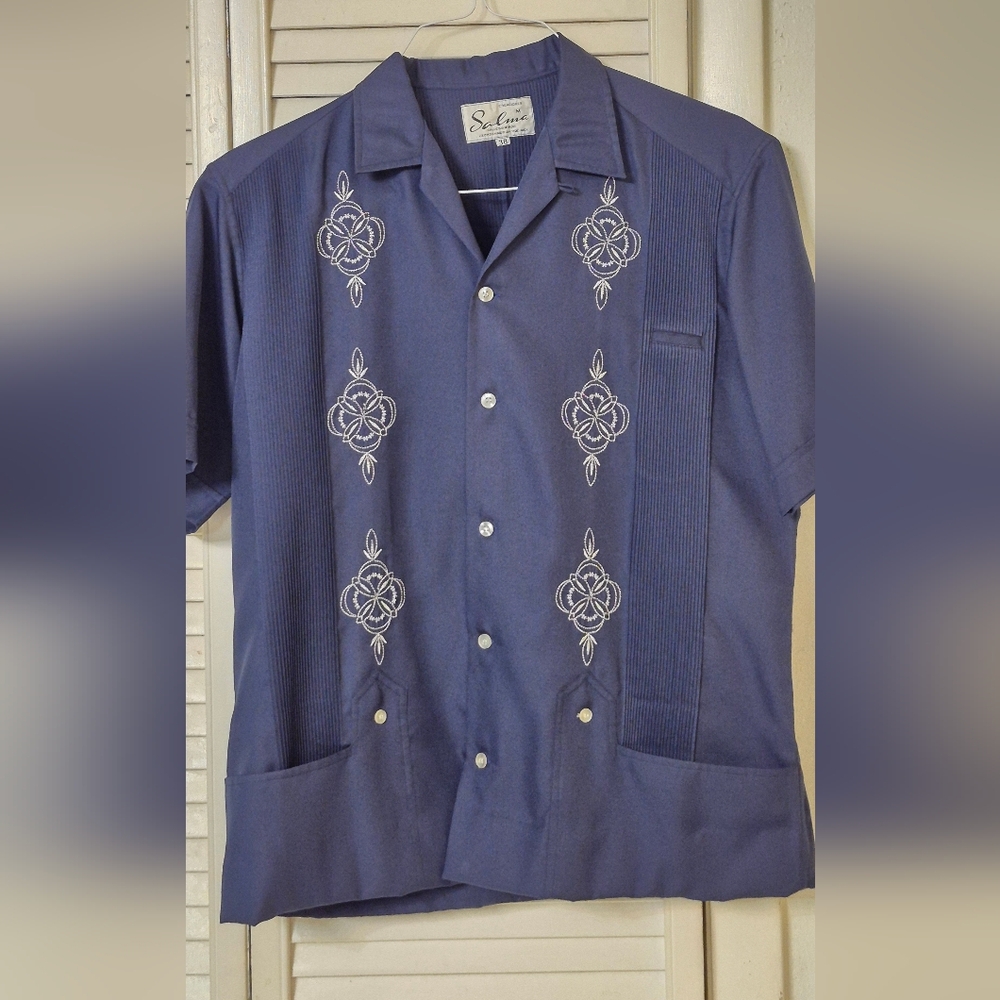 Men's Blue Embroidered Guayabera  Button-Up Shirt